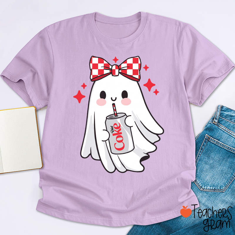 Cute Ghost With Red Checkered Bow Soda Drink Halloween Teacher T-Shirt