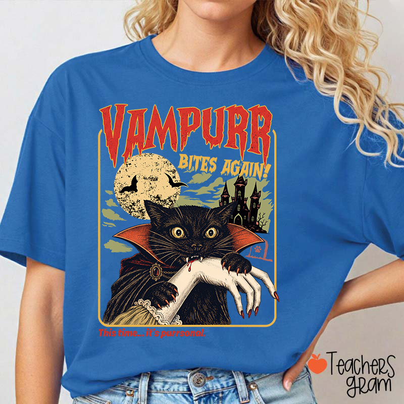 Vampurr Bites Again Vampire Black Cat Halloween Teacher T-Shirt
