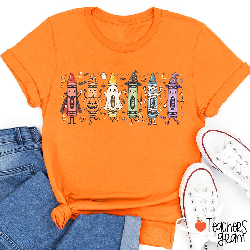 Halloween Cartoon Crayons Character Teacher T-Shirt