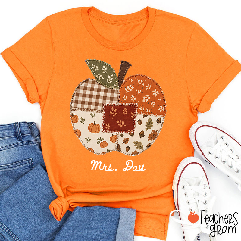 Personalized Name Faux Patchwork Punkpkin Teacher T-Shirt