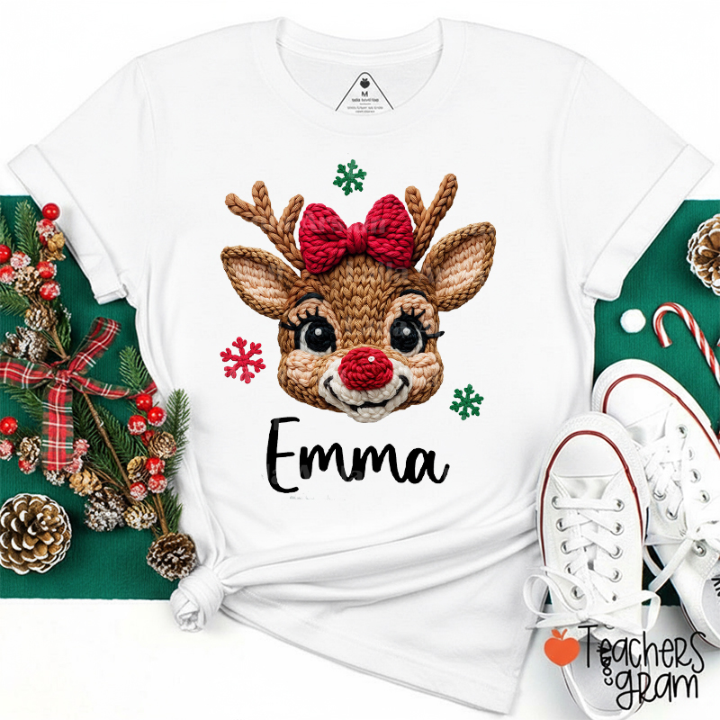 Personalized Name Faux Yarn Cute Reindeer Teacher T-Shirt