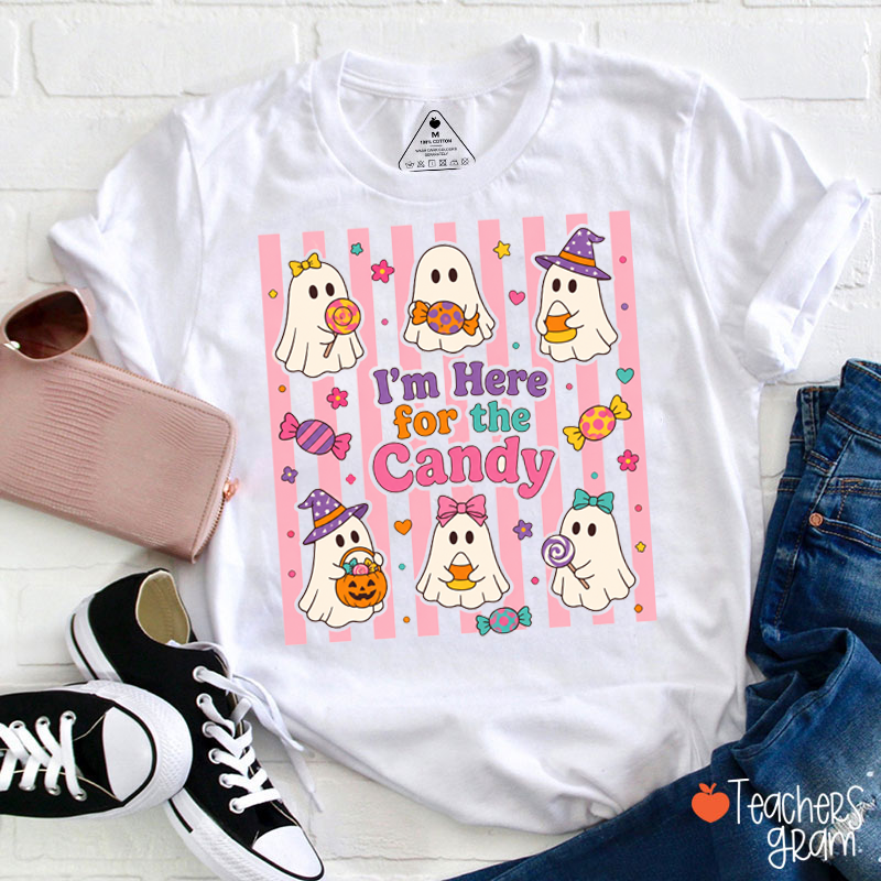 I'm Here For The Candy Cute Ghost Candy Pink Striped Halloween Teacher T‑Shirt