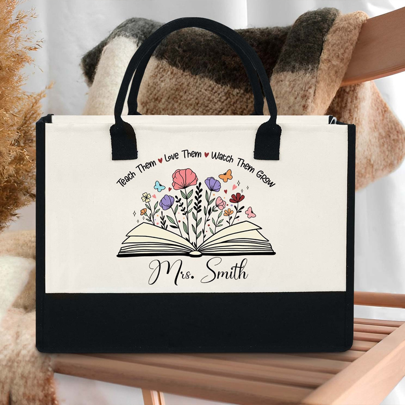 Personalized Teach Love Watch Them Grow Teacher Cotton Tote Bag