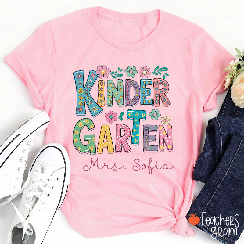 Personalized Name And Grade Flowers Fonts Teacher T-Shirt