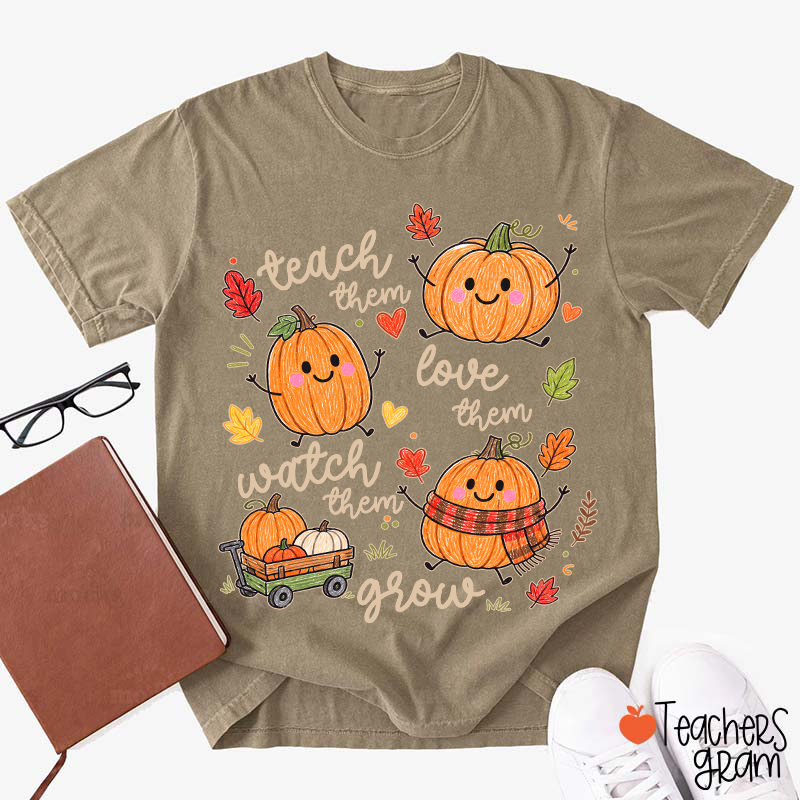 Teach Them Love Them Watch Them Grow Cute Pumpkin Autumn Leaf Teacher T-Shirt