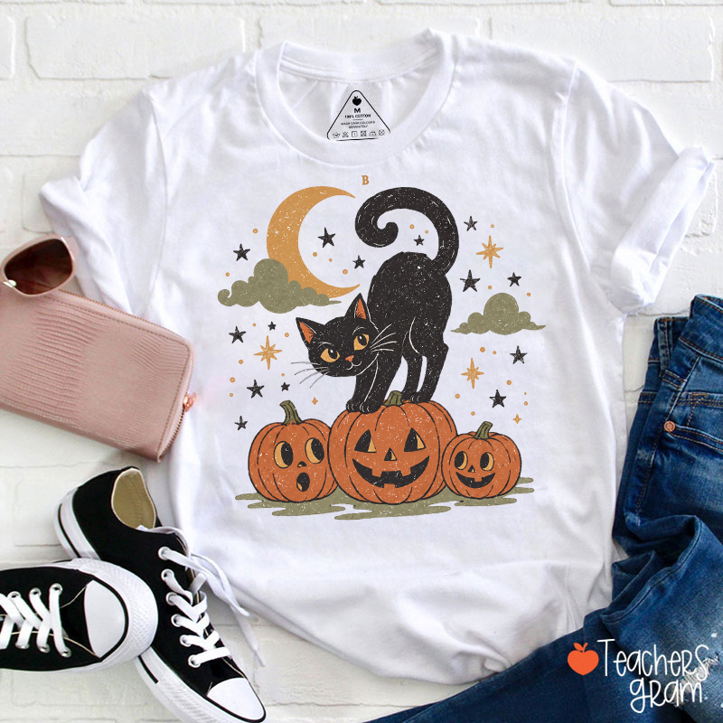 Halloween Black Cat On Pumpkin Moon Star Cloud Teacher T‑Shirt