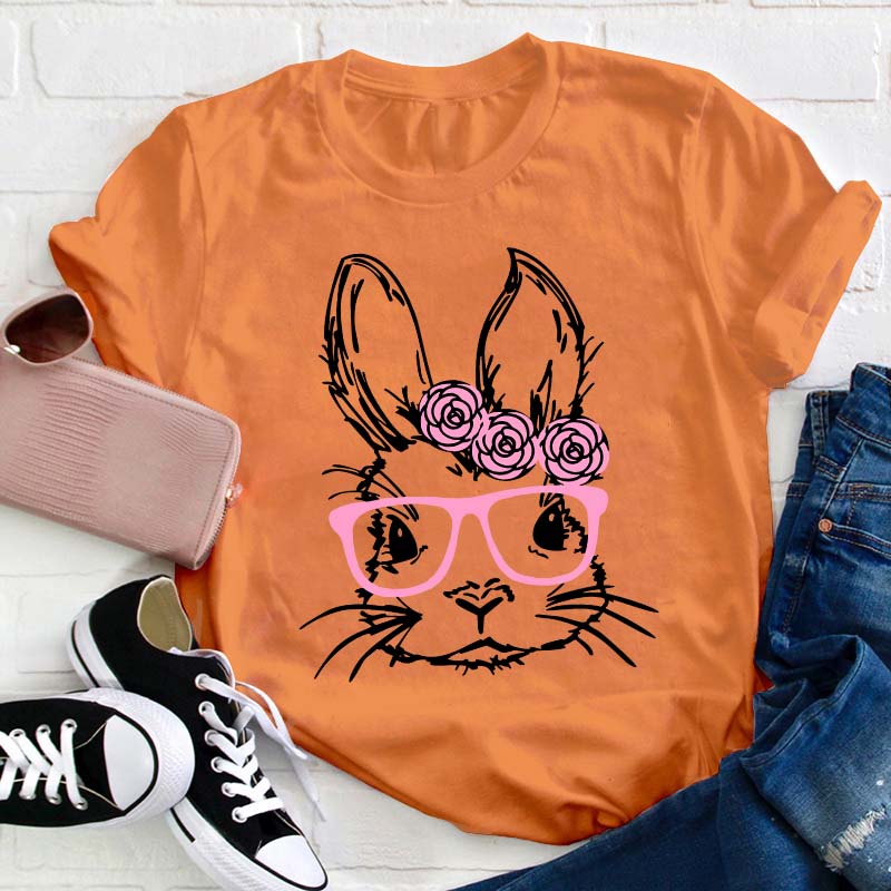 Bunny With Pink Glasses Teacher T-Shirt
