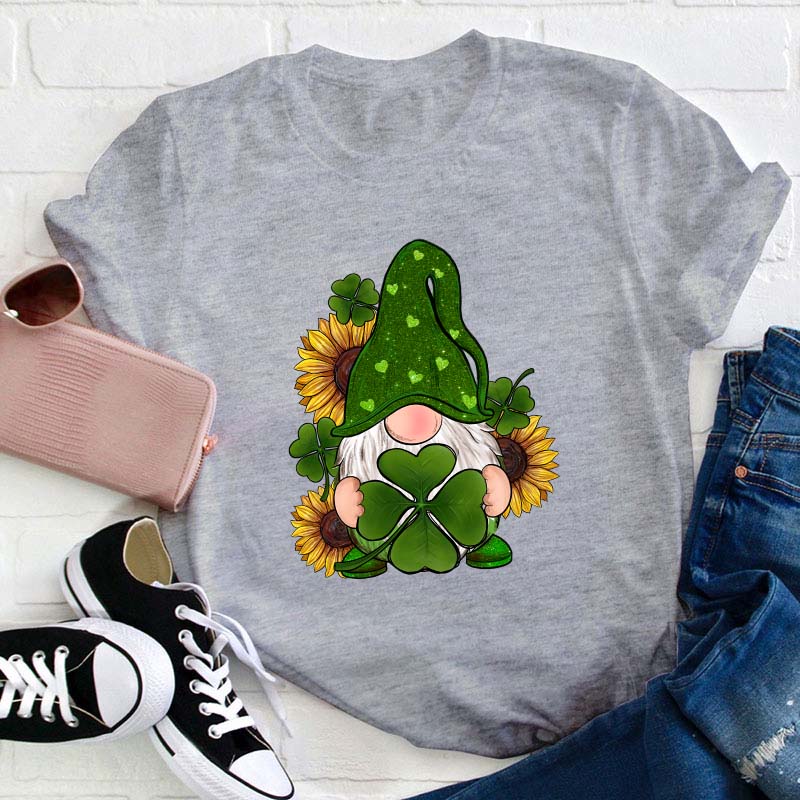 St. Patricks Day Gnome With Sunflowers Teacher T-Shirt