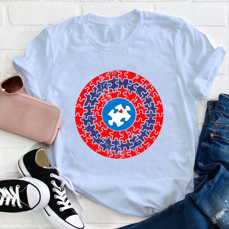 Superhero Shield Autism Puzzle Teacher T-Shirt