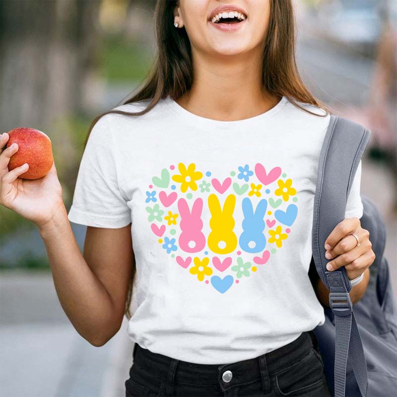Floral Bunnies Heart Teacher T-Shirt