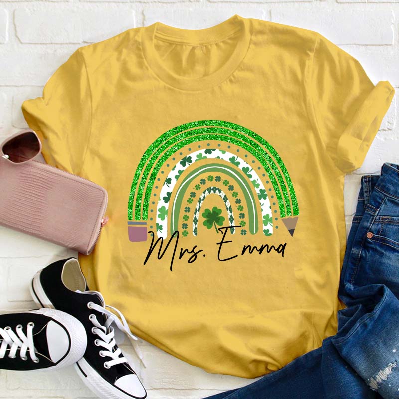 Personalized Green Rainbow Pencil Name Teacher T-Shirt