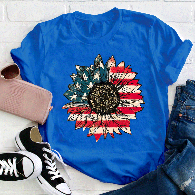 Vintage Flag Sunflower Teacher T-Shirt