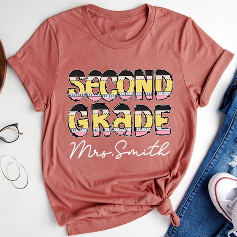 Personalized Creative Pencil Shape Design Letter Teacher T-Shirt