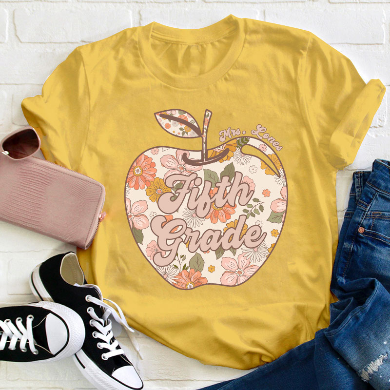 Personalized Vintage Floral Print Apple Teacher T-Shirt