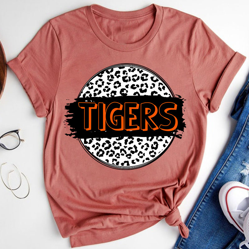 Personalized  Mascot Round Leopard Print Teacher T-Shirt