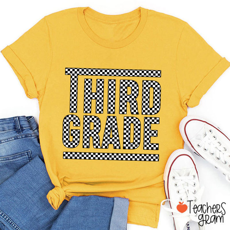 Personalized Black And White Checkerboard Grade Teacher T-Shirt