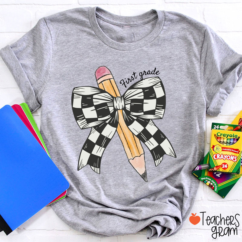 Personalized Grade Checkered Bow Pencil Teacher T-Shirt