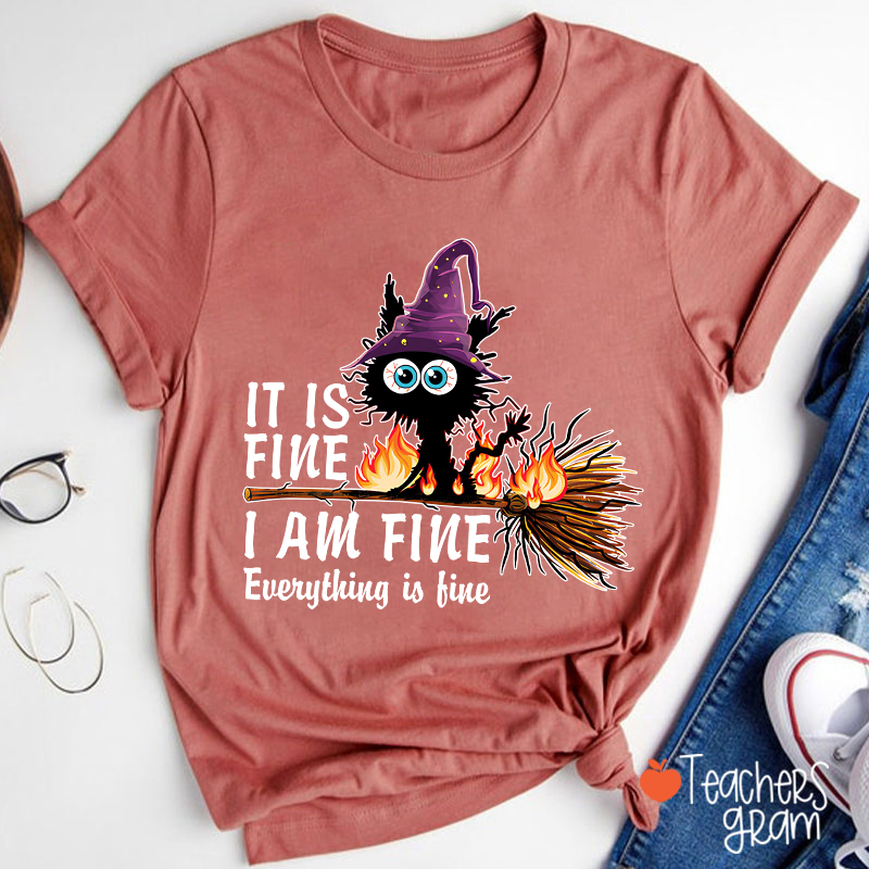 It Is Fine I Am Fine Everything Is Fine Halloween Broom Cat Teacher T-Shirt