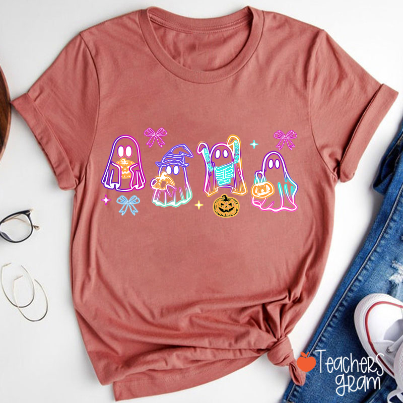 Colorful Neon Ghost Pumpkin Teacher T-Shirt
