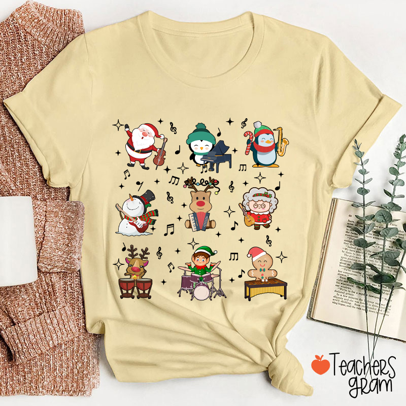 Cute Christmas Cartoons Playing Musical Instruments TeacherT-Shirt