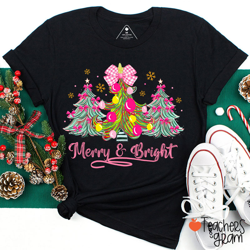 Fantasy Bow Christmas Tree Merry And Bright Christmas Teacher T-Shirt