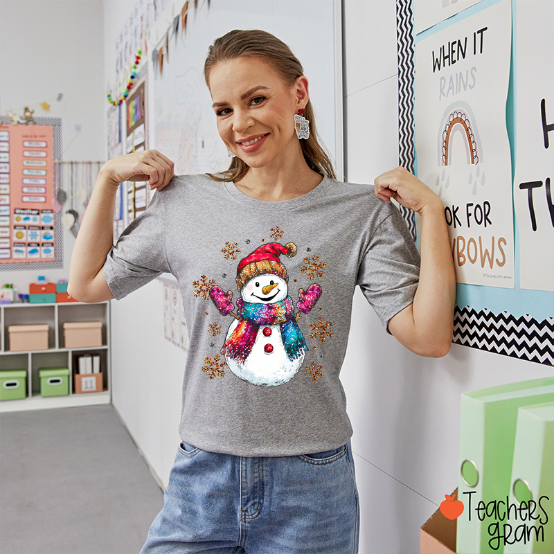 Colorful Scarves Snowman Teacher T-Shirt