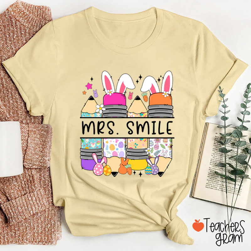 Personalized Name Bunny Pencil Teacher T-Shirt