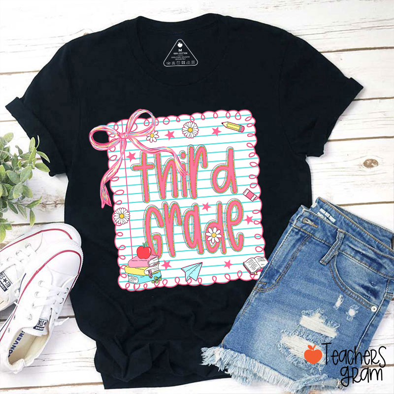 Personalized Grade Pink Bow Notebook Teacher T-Shirt
