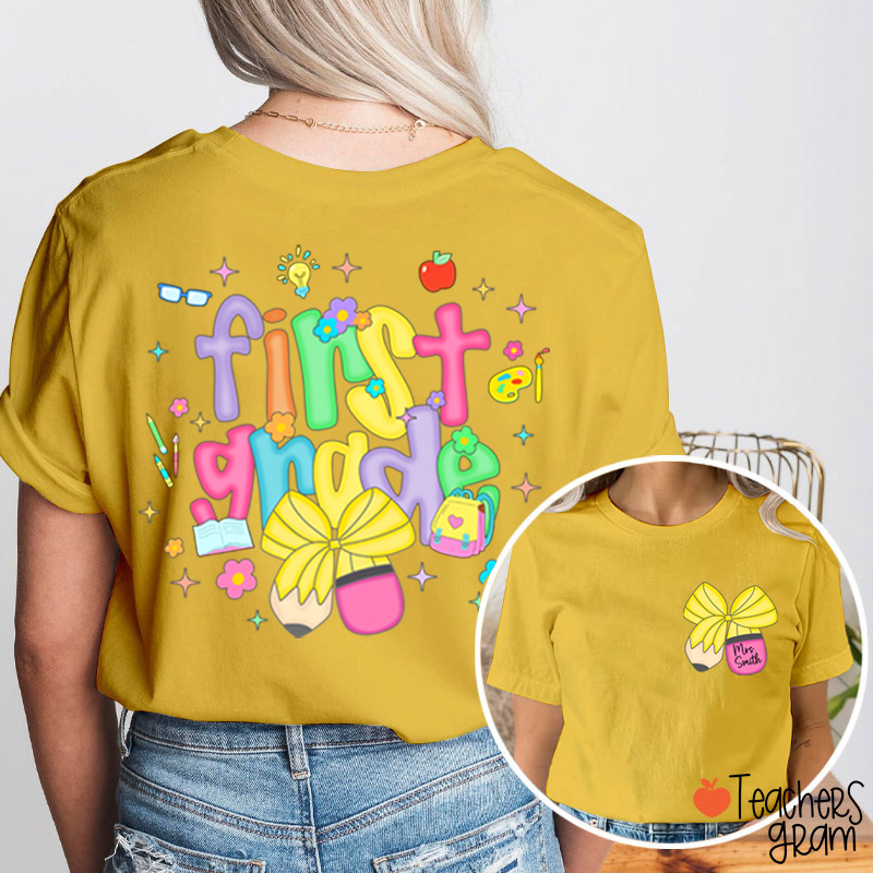 Personalized Name And Grade Pencil Bow Candy Color Fonts Teacher Two Sided T-Shirt
