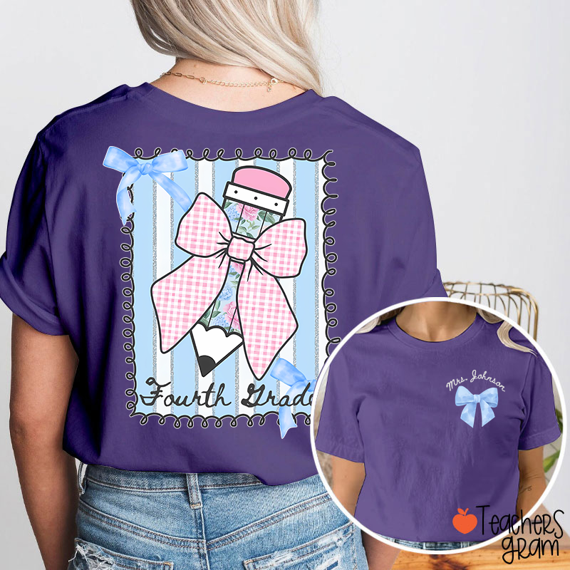Personalized Grade And Name Flower Pencil Checkered Bow Teacher Two Sided T-Shirt