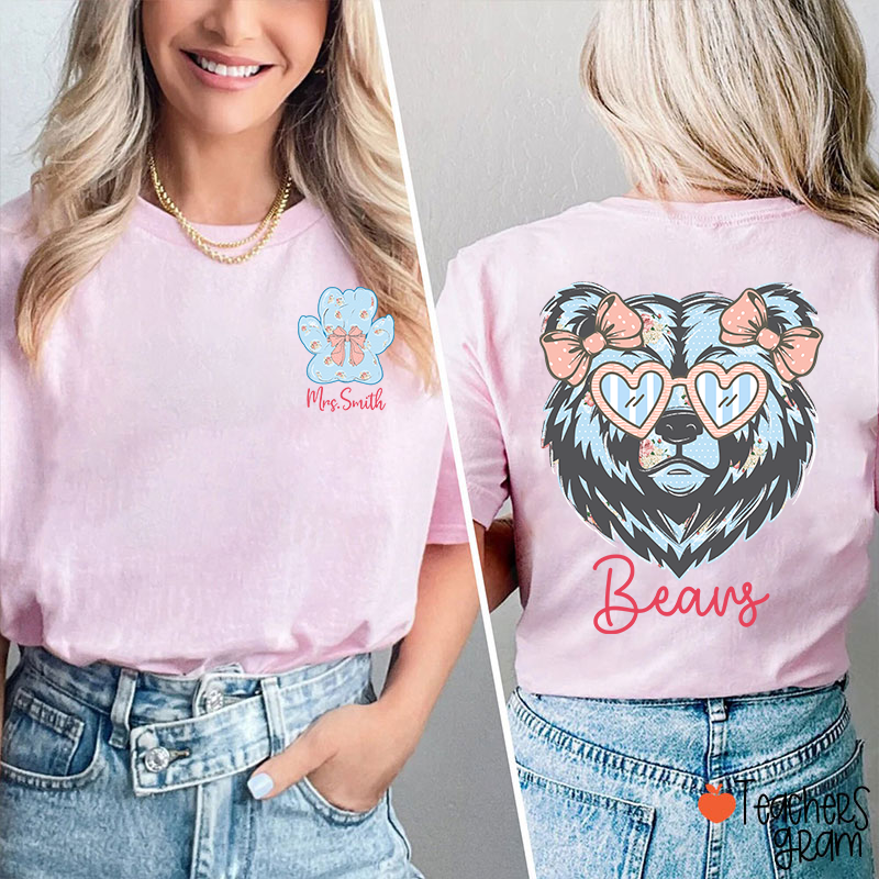 Personalized Mascot And Name Cute Coquette Bow Teacher Two Sided T-Shirt