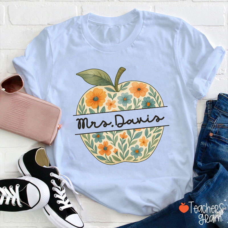Personalized Name Vintage Floral Apple Teacher T-Shirt