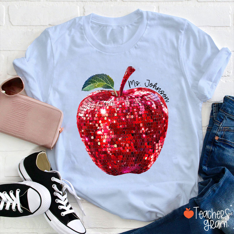 Personalized Red Glitter Apple And Name Teacher T-Shirt