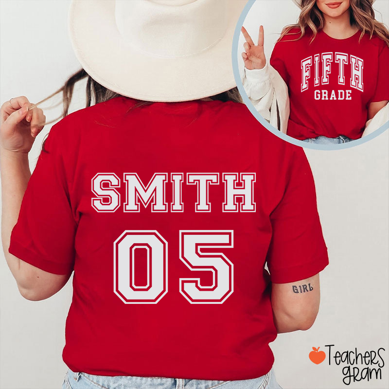 Personalized Grade And Name Simple Fonts Back To School Teacher Two Sided T-Shirt