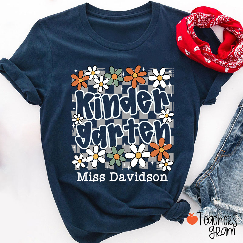 Personalized Text And Name Checkered Flowers Teacher T-Shirt