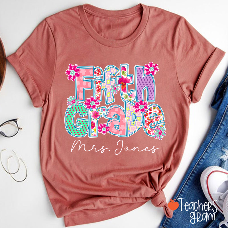 Personalized Grade Flowers Font Teacher T-Shirt