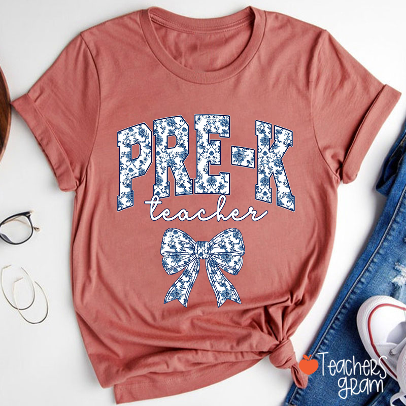 Personalized Text Blue And White Porcelain Bow Teacher T-Shirt