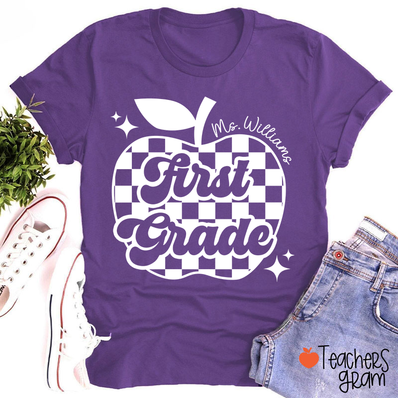 Personalized Black And White Checkerboard Apple And Name Teacher T-Shirt