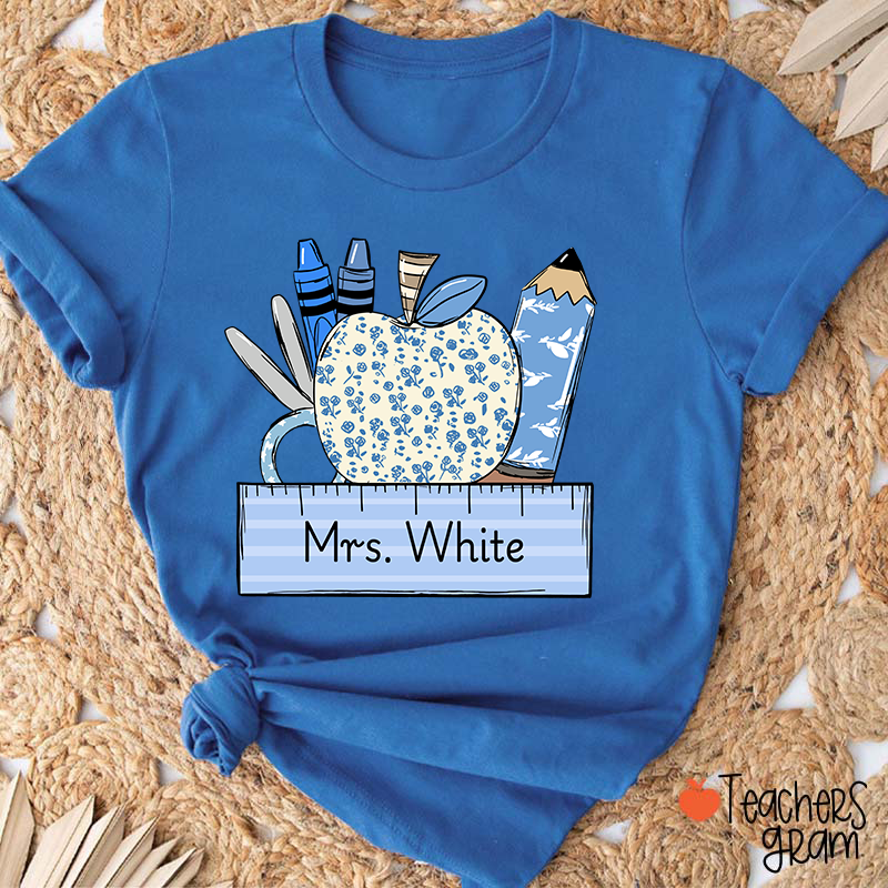 Personalized Name Blue Apple Pencil Crayon Scissors Ruler Teacher T-Shirt
