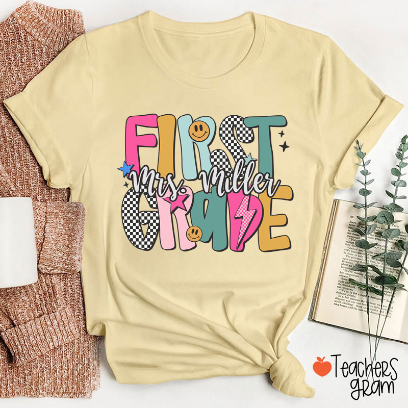 Personalized Grade Checkered Smiley Lightning Teacher T-Shirt