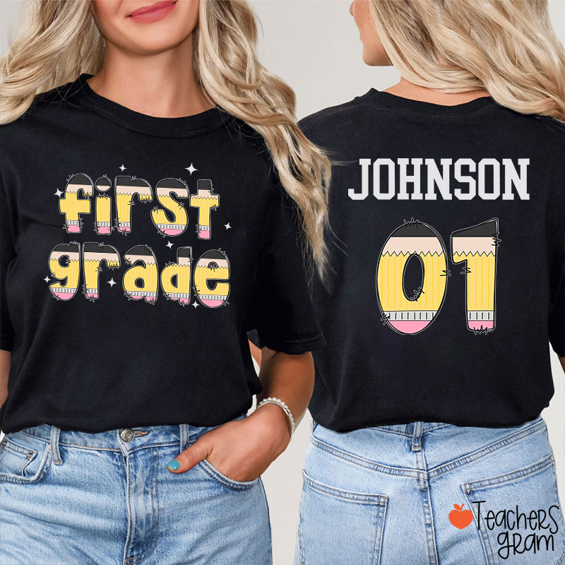 Personalized Pencil Pattern Letters And Numbers Teacher Two Sided T-Shirt