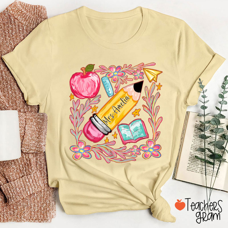 Flowers Pencil Apple Book Star Teacher T-Shirt
