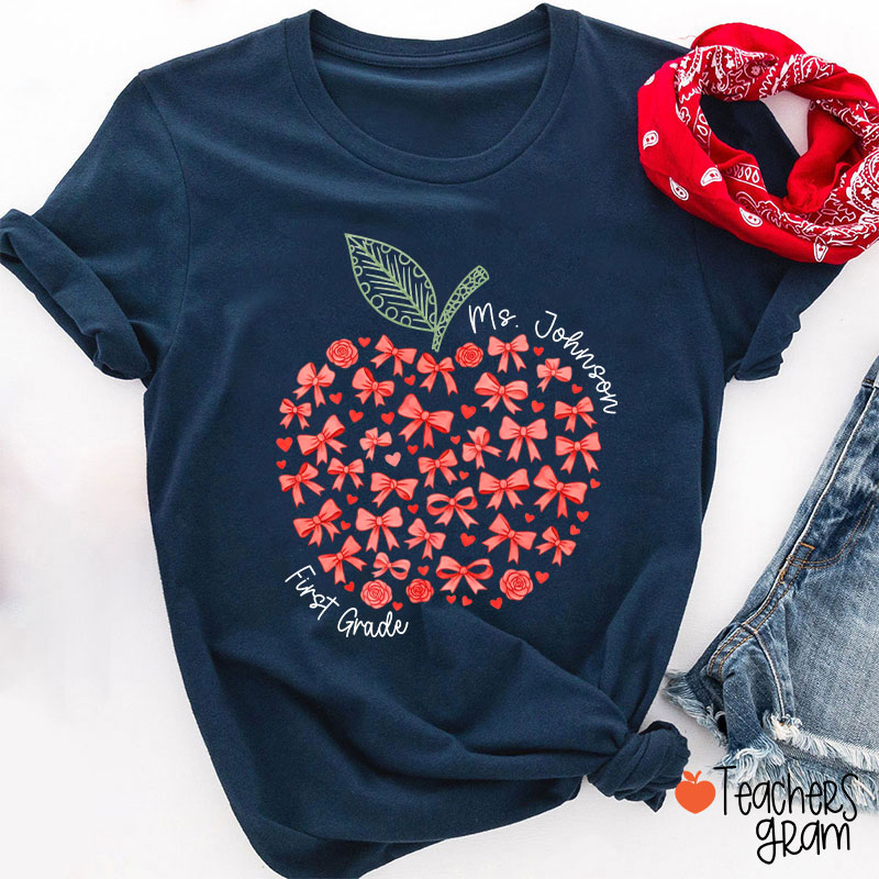 Personalized Name Or Grade Bow Apple Teacher T-Shirt