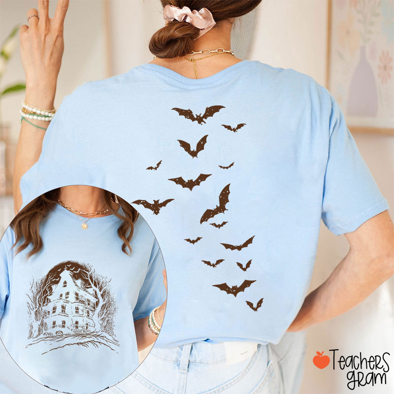 Vintage Haunted House Spooky Season Teacher Two Sided T-Shirt