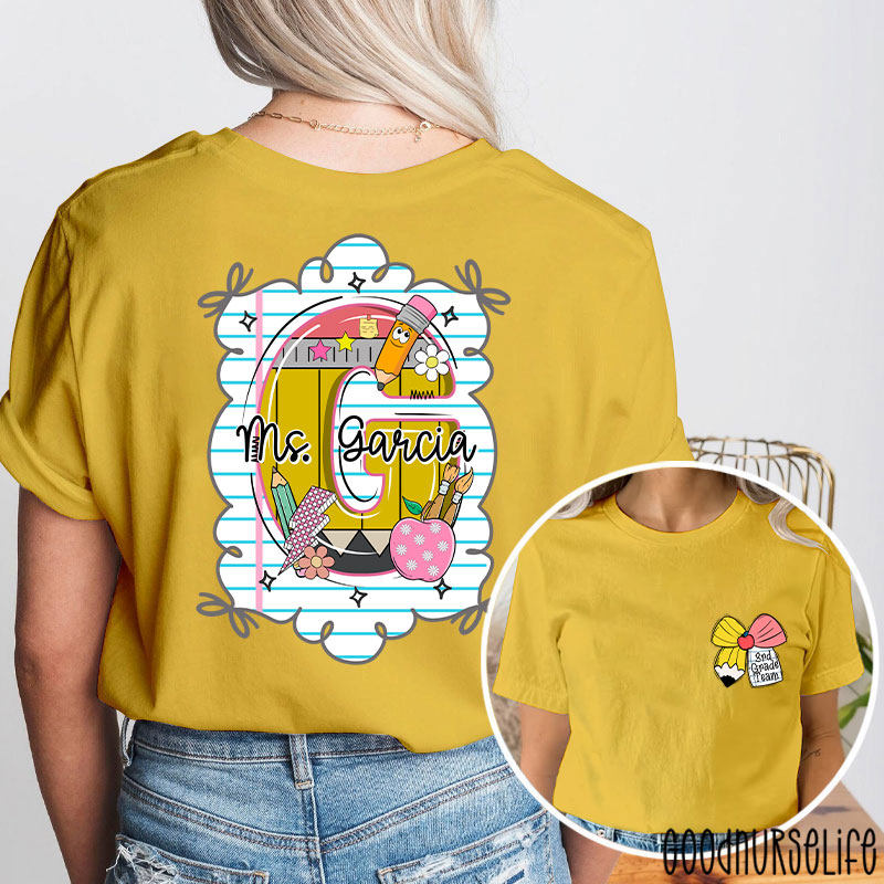 Personalized Grade And Name Pencil Bow Initials Teacher Two Sided T-Shirt