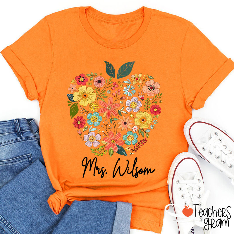 Personalized Floral Apple Name Teacher T-Shirt