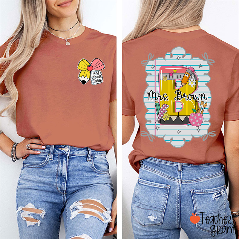 Personalized Grade And Name Pencil Bow Initials Teacher Two Sided T-Shirt