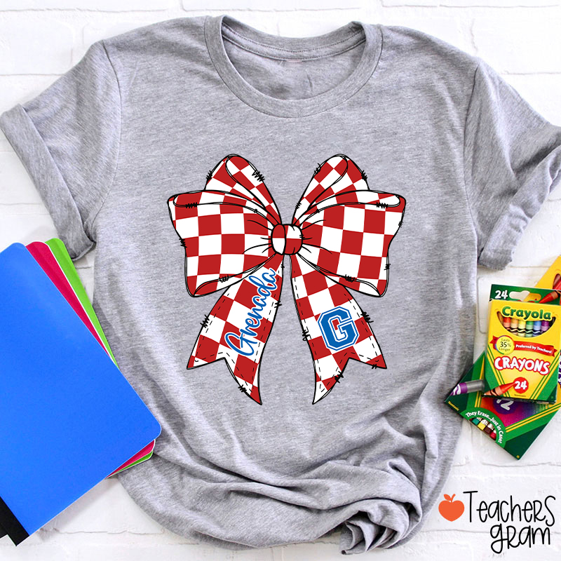 Personalized  Mascot Checkered Bow Game Day Teacher T-Shirt