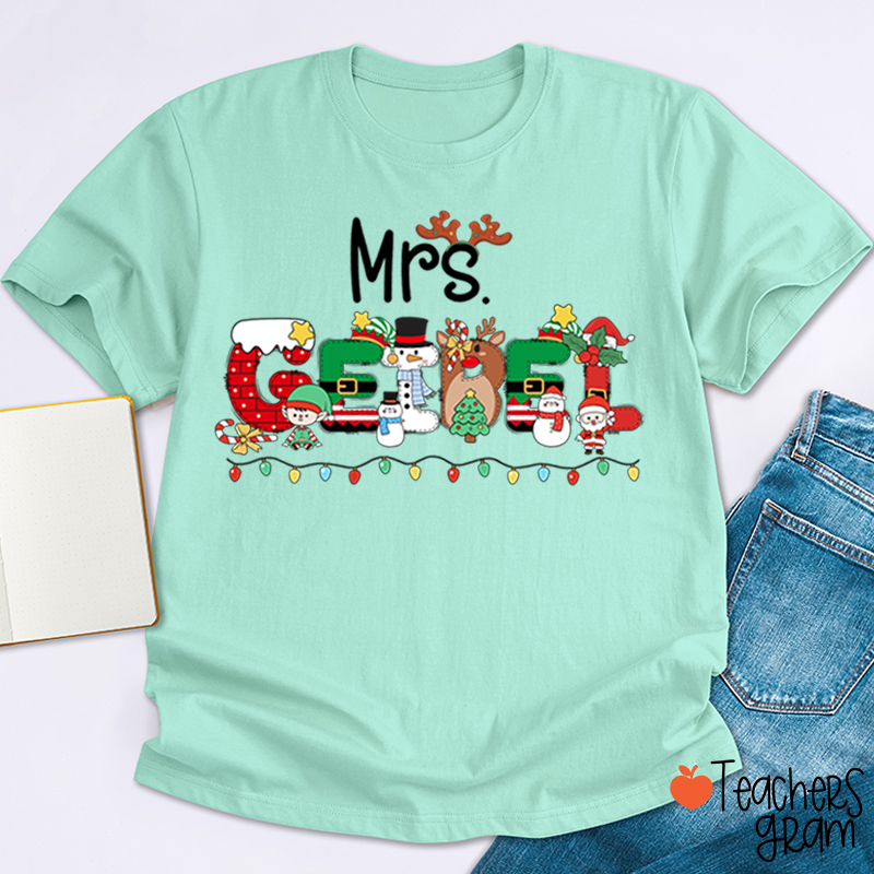 Personalized Name Christmas Lights Teacher T-Shirt