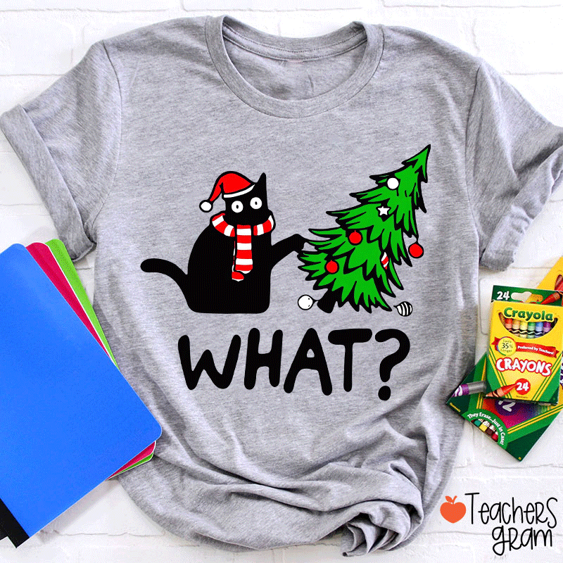 Cat Pushes Christmas Tree Teacher T-Shirt